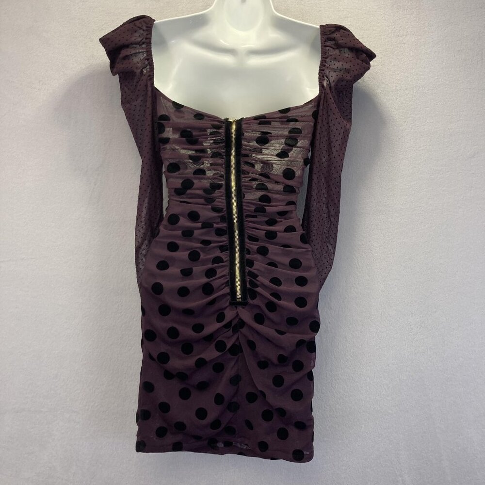 UNITEDWOOD Puff Sleeve Ruched Mesh Dress Womens 4 Purple Black Polka Dot Bodycon - Picture 9 of 14